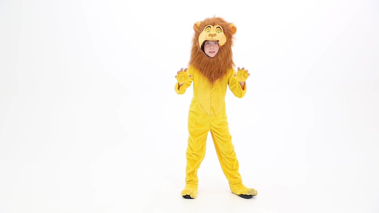 This exclusive Kid's Disney The Lion King Mufasa Costume features a cozy jumpsuit, and a hood that showcases a detailed, friendly lion face, complete with a majestic mane that frames your child's face, ensuring they look just like Mufasa.